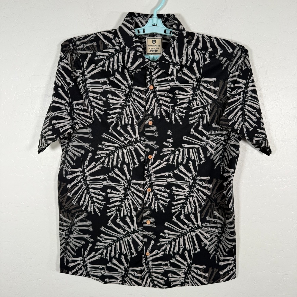 Born Primitive Shirt Mens Medium Black Button Up Stretch‎ Bones Print AOP